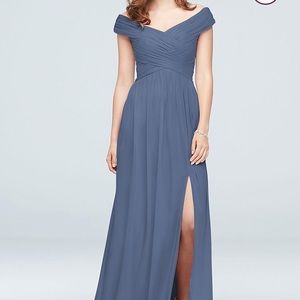 Off the shoulder David’s bridal blue bridesmaid dress